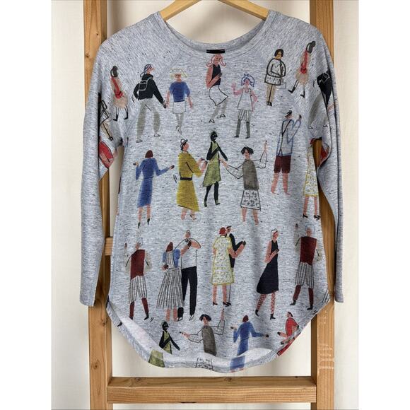 (+)People Tops - NWT Inoah Gray People Pattern Long Sleeve Round Neck Top #0867 XS USA